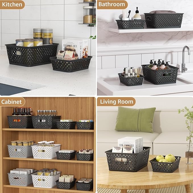 MaxGear Organization and Storage 3 Packs, Plastic Bins Organizer Bins, Woven Baskets for Storage, Plastic Baskets with Handles, Black Basket for Organizing, Basket Organizer for Home and Office, Small
