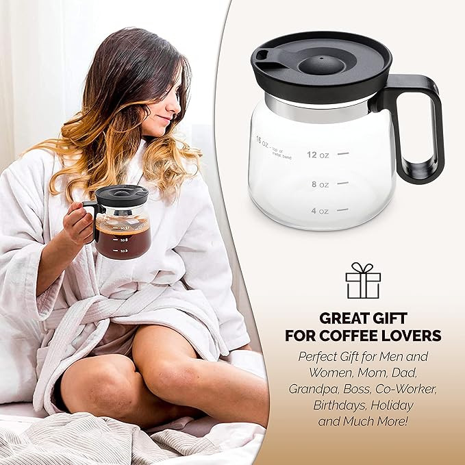 16 oz Coffee Pot Shaped Mug, Funny Drink Cup for Coffee Lovers. Cute Novelty Flat Bottom Carafe With Handle. Gifts For Co-workers, Friends, Birthdays - Unique Beverage Mugs for Men and Women