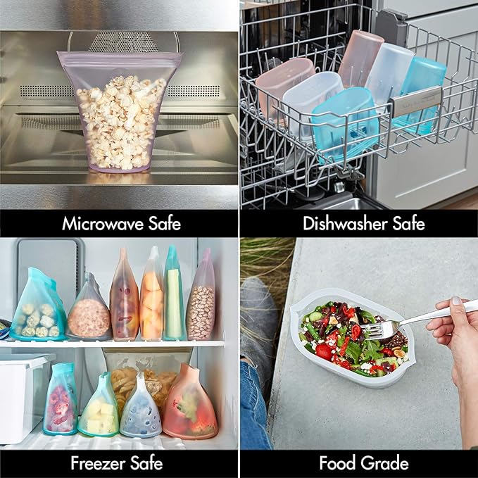 Zip Top Reusable Food Storage Bags | Large Cup [Gray] | Silicone Meal Prep Container | Microwave, Dishwasher and Freezer Safe | Made in the USA