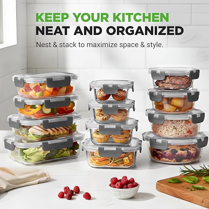 NutriChef 24pcs Glass Food Storage Containers, (12 Stackable Heavy Duty Meal Prep Containers w/ 12 Airtight Lids), Microwave, Freezer, & Dishwasher Safe for Food, Snacks, Fruit & More, (Gray)
