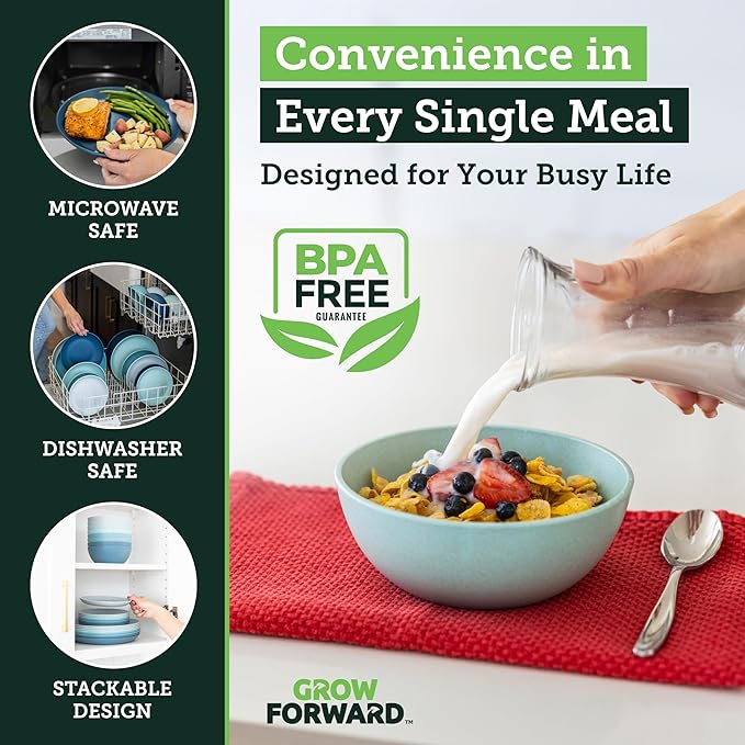Grow Forward 24-piece Premium Wheat Straw Dinnerware Sets for 8 - Unbreakable Dishwasher & Microwave Safe Plastic Plates and Bowls Sets - Patio, Outdoors, RV, Camping Dishes - Seascape