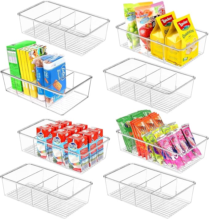 Snack Organizer for Pantry Shelf, 8 Pack Clear Plastic Pantry Storage Bins with 3 Dividers for Snacks, Spices, Chips Food Organizer, Stackable Pantry Organizers for Kitchen, Fridge, Cabinet