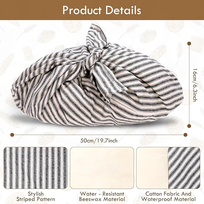 2 Pack Beeswax Bread Bags, Striped Linen Bento Bags, 14" Cotton Loaf Bag, Reusable Organic Food Storage, Sourdough Bag, Rustic Farmhouse Azuma Bukuro Origami Wrap for Baked Gifts (Navy Blue, 2)