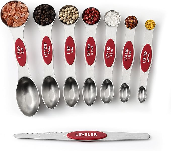 Spring Chef Red Stainless Steel Magnetic Measuring Spoons Set of 8 with Leveler, Metal Teaspoon & Tablespoon Measuring Spoons with Strong Magnets, Kitchen Gadgets for Baking & Cooking - Set of 2