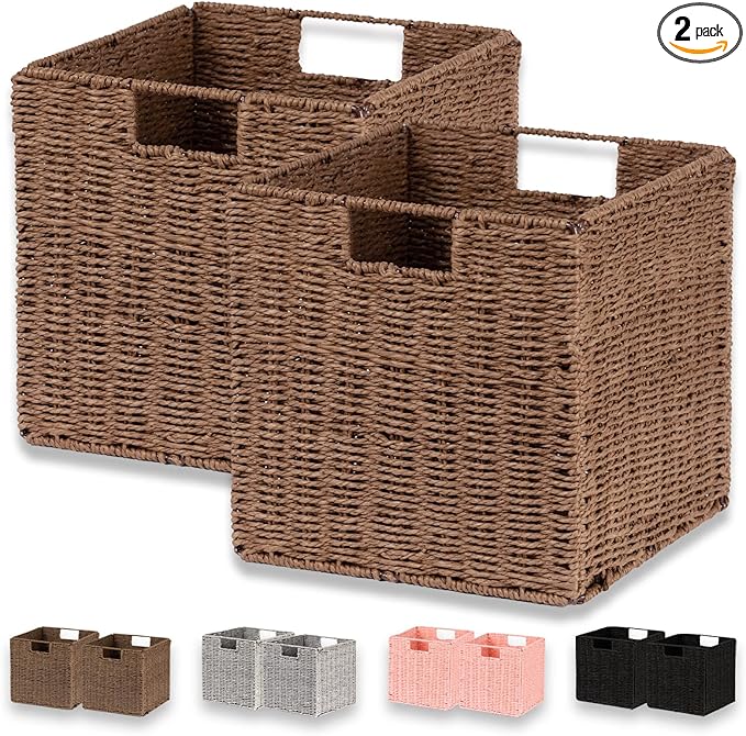 Vagusicc Wicker Basket, Set of 2 Hand-Woven Paper Rope Storage Baskets for Organizing, Foldable Cubby Storage Bins, 11 Inch Large Wicker Storage Basket, Square Baskets Cube Storage Organizer, Brown