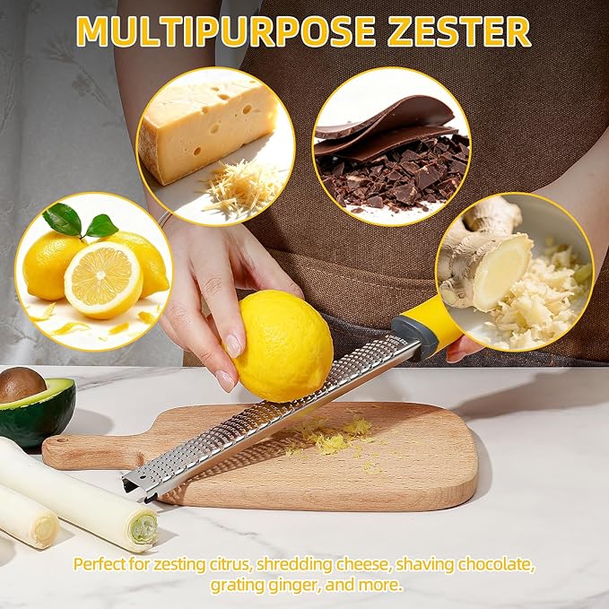 Koythin Zester, Lemon Zester & Cheese Grater with Brush, Heavy Duty Kitchen Tool for Zesting Citrus, Parmesan Cheese, Chocolate, Ginger, Fruits, Stainless Steel with Handle and Cover (Yellow)