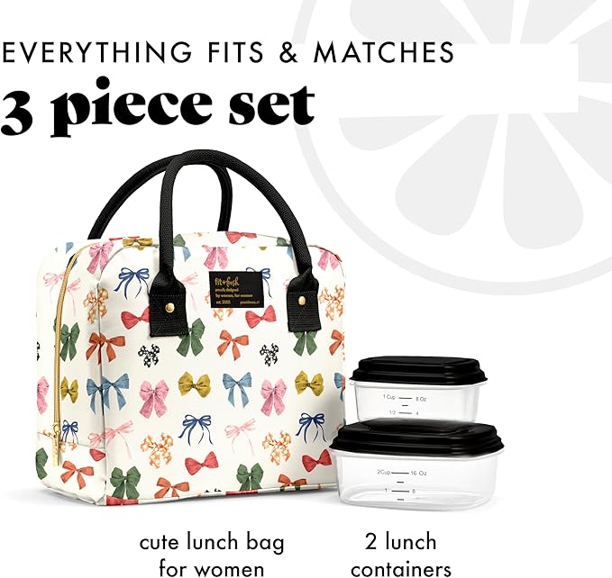 Fit & Fresh Bloomington Lunch Bag for Women - Insulated Large Lunch Box for Work with Containers, Leak-Resistant, Stain-Resistant, Zipper Closure, Fall Bows