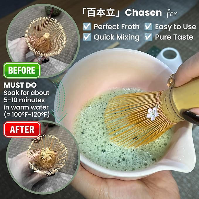 Matcha Whisk Set Incl. Ceramic Bowl With Spout, Whisk (Chasen), Stand, Bamboo Scoop, Sifter, Electric Frother, Tea Towel etc. 9 Pcs Matcha Making Starter Kit, White&Pink