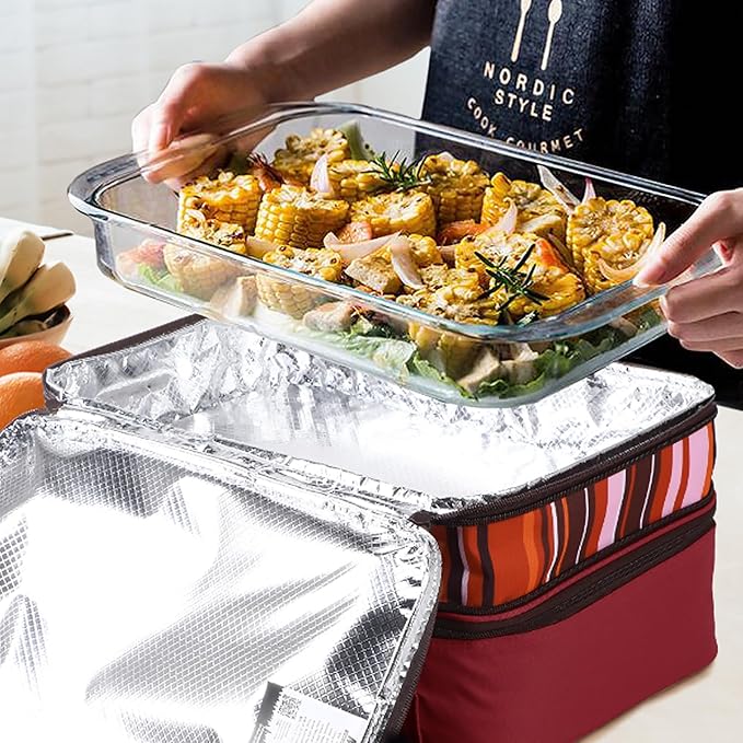 MIER Insulated Double Casserole Carrier Thermal Lunch Tote for Potluck Parties, Picnic, Beach, Fits 9 x 13 Inches Casserole Dish, Expandable by Mid Zipper, Burgundy