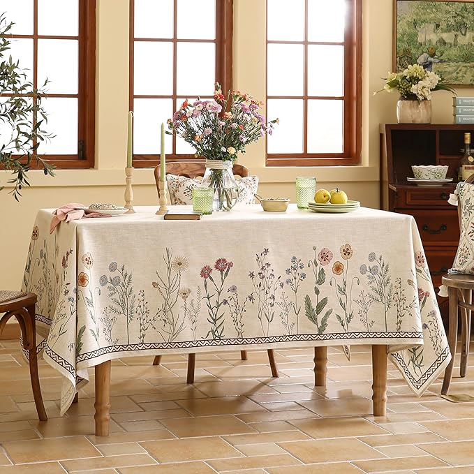 ISAENNE Designer Off White Linen Long Rectangle Tablecloth,Floral Elegant Table Cloth,Stain Resistant Vintage Decor Tablecloths for Dining Thanksgiving Kitchen Christmas,63"*102"-Serenity G