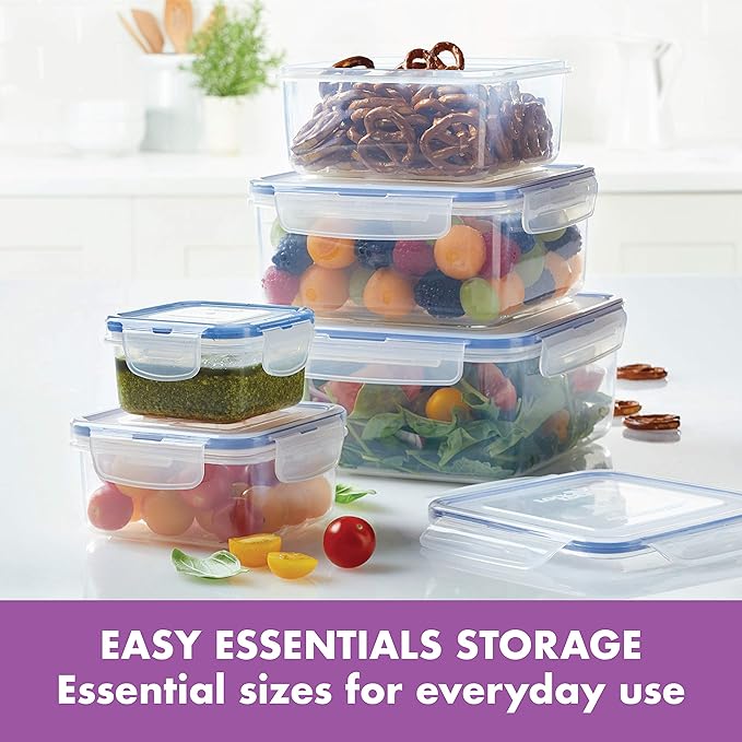 LOCK & LOCK Easy Essentials Food Storage lids/Airtight containers, BPA Free, 10 Piece - Square, Clear