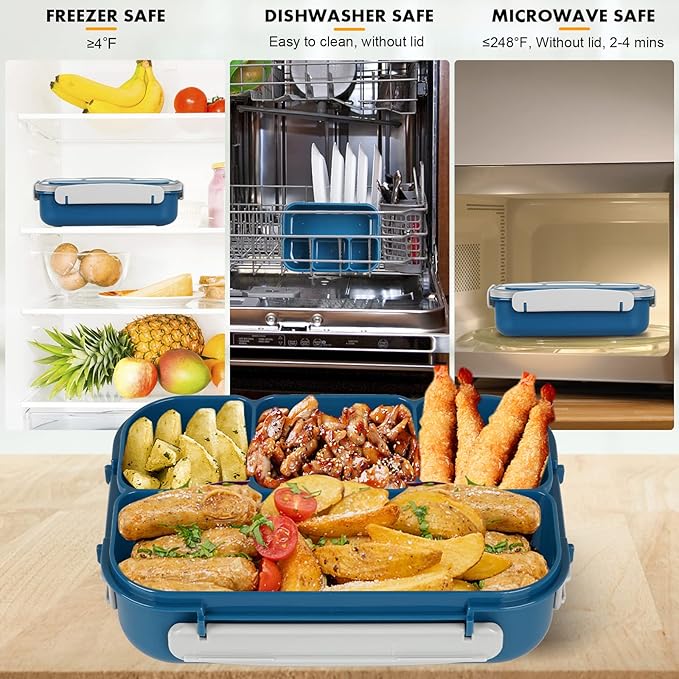 Bento Box, Lunch Box Kids, 1300ML Adult with 4 Compartment &Food Picks &Cake Cups, Containers for Adults/Kids/Toddler, Leak-Proof, Microwave/Dishwasher/Freezer Safe(Blue)