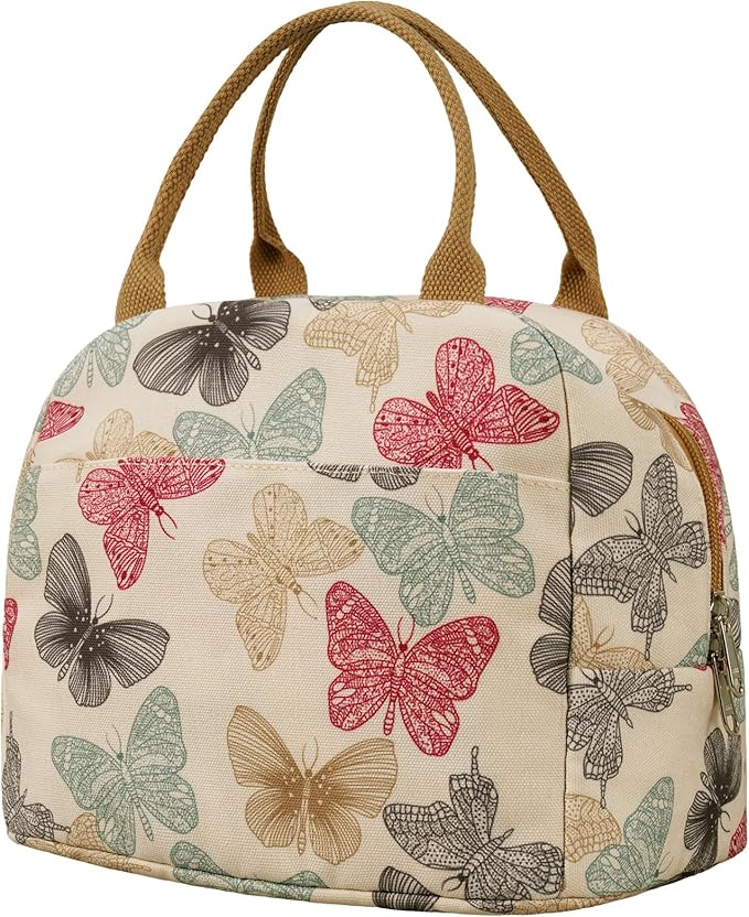 EurCross Beige Butterfly Lunch Bag for Women Work Daily Use Necessaries Storage, Reusable Medium Adult Lunch Tote Sack Bag for Bento Box with Insulated Liner