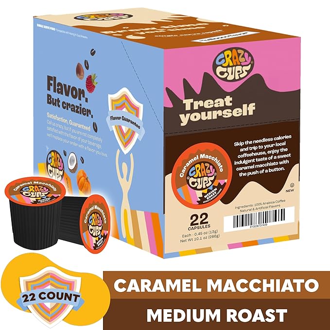 Crazy Cups Flavored Coffee for Single Serve Keurig K-Cups Machines, Caramel Macchiato, Hot or Iced, Medium Roast in Recyclable Pods, Brown(Pack of 1, 22 Count Total)