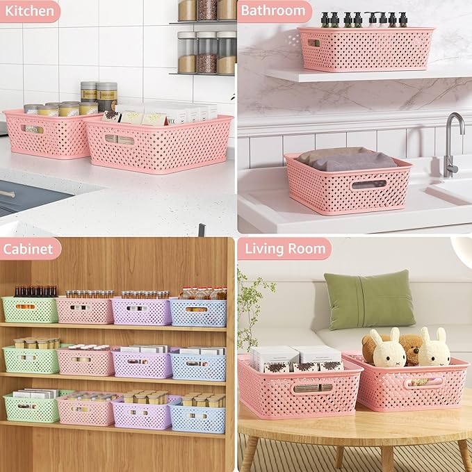 MaxGear Organization and Storage 3 Packs, Plastic Bins Organizer Bins, Woven Baskets for Storage, Plastic Baskets with Handles, Pink Basket for Organizing, Basket Organizer for Home and Office, Large