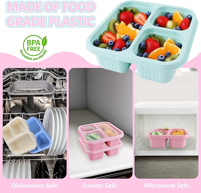 Finorder 4 Pack Wheat Straw Containers, Pastel Multi-color 3 Compartment Reusable Snack Bento Box Toddler, Square Meal Prep Food Containers for Kids, Adults, Office and Travel
