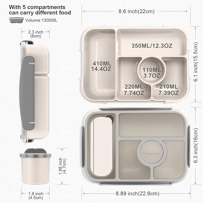Bento Box Adult Lunch Box Kids,Lunch Containers for Adults/Kids/Toddler,5 Compartments Bento Lunch Box with Sauce Vontainers,Microwave & Dishwasher & Freezer Safe,BPA-Free(White)
