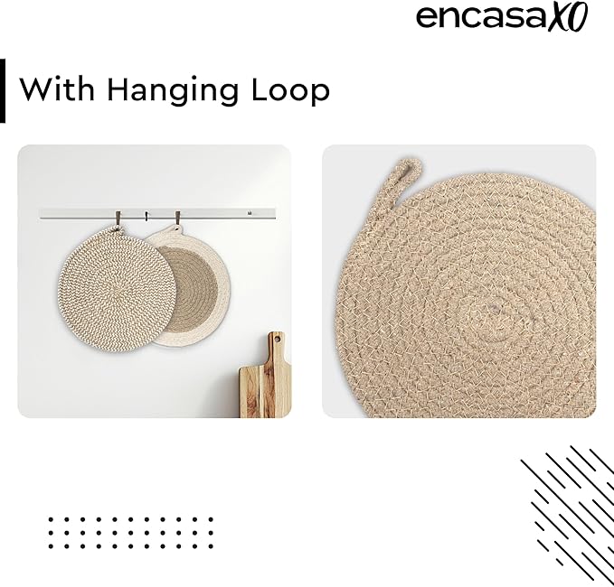 Encasa XO Round Trivet Mats For Hot Dishes with Hanging Loop | Beige Combo - Set of 6 with 7 inch Diameter | Cotton Round Thick Heat Resistant Pot Holders | Use Hot Pads Plate Mats For Hot Pots & Pans