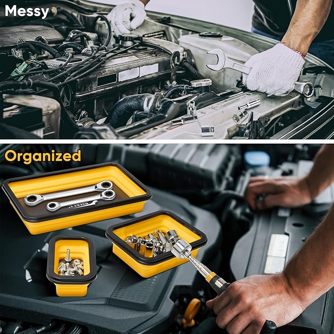 SHALL Collapsible Magnetic Tool Parts Tray and Telescoping Magnetic Pickup Tool Set, 3-Piece Silicone Foldable Magnetic Bowls & 25LBS Force Extendable Magnet for Mechanic Screw Bolts Nuts Washers Pins