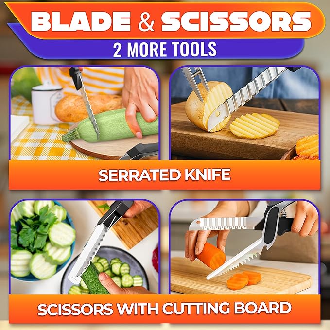 Cutting Board Scissors for Food – 6-in-1 Kitchen Food Scissors with Ribbed Blade, Automatic Spring & Safety Lock, Dishwasher Safe – Kitchen Shears for Easy Slicing of Meat, Fish, Veggies Fruits, Bread