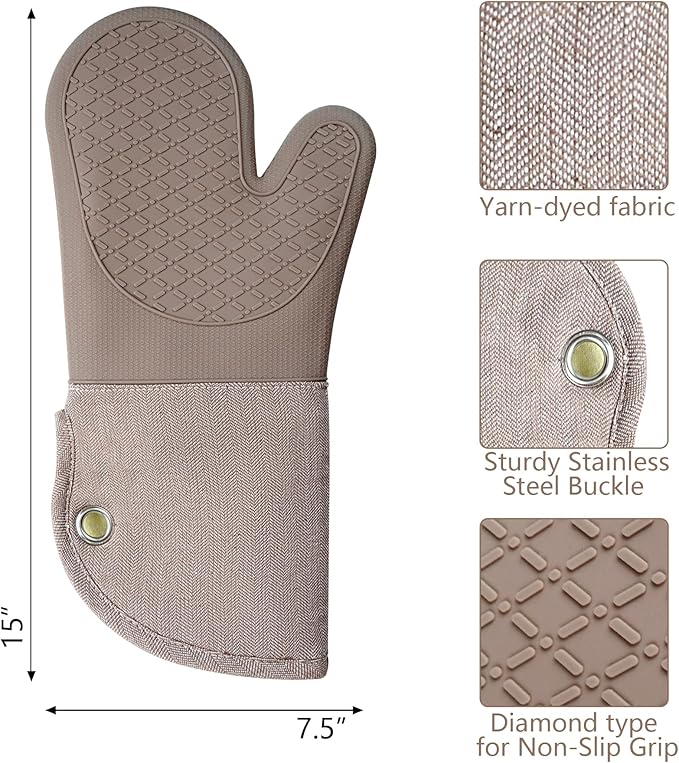 Professional Microwave Silicone Oven Mitts one Pair, Kitchen Mitten Set for Heat Resistant with 500 Degrees, Kitchen Gloves Pot Holder for BBQ Cooking Baking (Khaki)