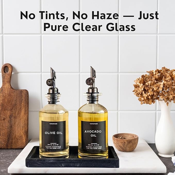 Clear Glass Olive Oil Dispenser Bottles For Kitchen With Silicone Tray & 40 Labels, Soy Sauce Dispenser, Coffee Syrup Dispenser, Olive Oil Bottles Set Of 2, Black