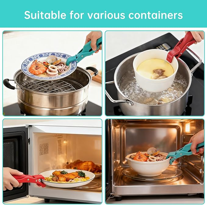 2Pc Hot Plate Gripper Tongs, Silicone Non-Slip Kitchen Utensil, Heat Insulation Anti-Scald Bowl Holder Clip for Cooking (Red + Red)