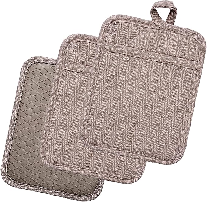Pot Holders Yarn-Dyed Set of 3 Non Slip Silicone Kitchen Lines Heat Resistant 500℉ Kitchen Gloves BBQ Cooking Baking Cooking Barbecue Microwave Machine Washable (Khaki Pot Holders)