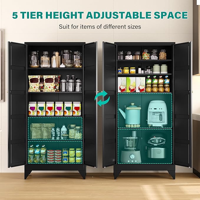SISESOL Wide & Deep Metal Storage Cabinets with 2 Doors and 5 Shelves,Tall Storage Cabinet,Large Cupboard Closet,Pantry Storage Cabinet for Home,Kitchen,Dining/Living Room (Black, 72" H)