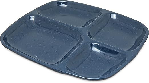 Carlisle FoodService Products Essential Food Tray, 4-Compartment Plastic Cafeteria Tray for Schools, Dining Halls, and Restaurants, Melamine, 10.5 x 9.5 Inches, Cafe Blue, (Pack of 36)