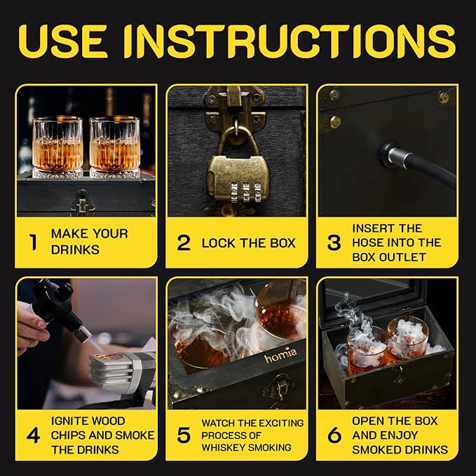 Cocktail Smoker Kit - Whiskey Smoker Kit - Smoke Infuser Birner PRO - Smoking Box, 12 PCS, with Accessories and Wood Chips - Cold Smoke for Food and Drinks, Black - Gift for Men