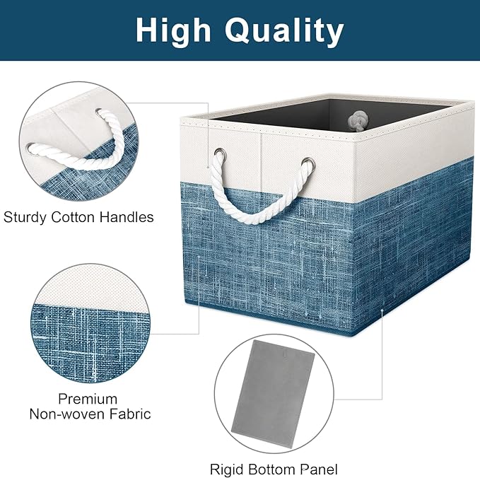 Fab totes Storage Bins [6-Pack], Foldable Storage Baskets for Organizing Toys, Books, Shelves, Closet, Large Storage Box with Rope Handles, Sturdy Organizer Bins, White & Blue