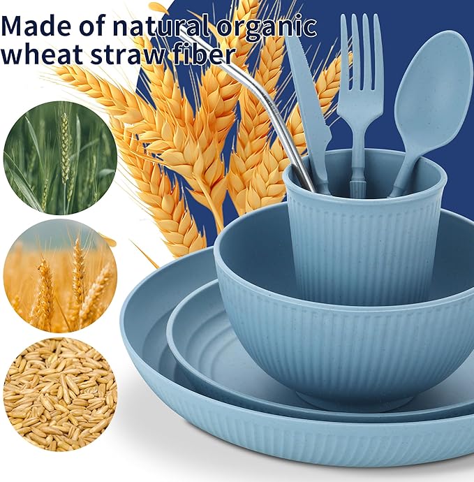 Wheat Straw Dinnerware Sets,48-Piece Plates and Bowls Sets for 6-Unbreakable,Reusable Plastic Dish Set-Dinner Plate/Dessert Plate/Cereal Bowl/Cup/Utensils-Dishwasher Safe 48P-Oecan Coral