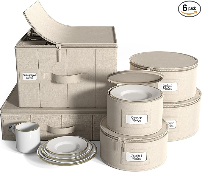 Sorbus China Storage Containers 6-Piece Set - Hard Shell Dinnerware Organizer for Plates, Glasses, Mugs & Saucers (Holds Service for 12) with Felt Protectors for Moving & Storage