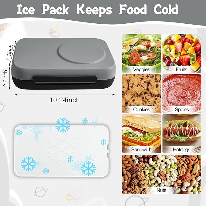 Bento Box for Kids,Kids Bento Lunch Box with Built-in Ice Pack for School,3 Compartments Leak Proof Lunch Container with Utensils for Girl Boy;BPA Free,Microwave & Dishwasher Safe, 44oz(Black)