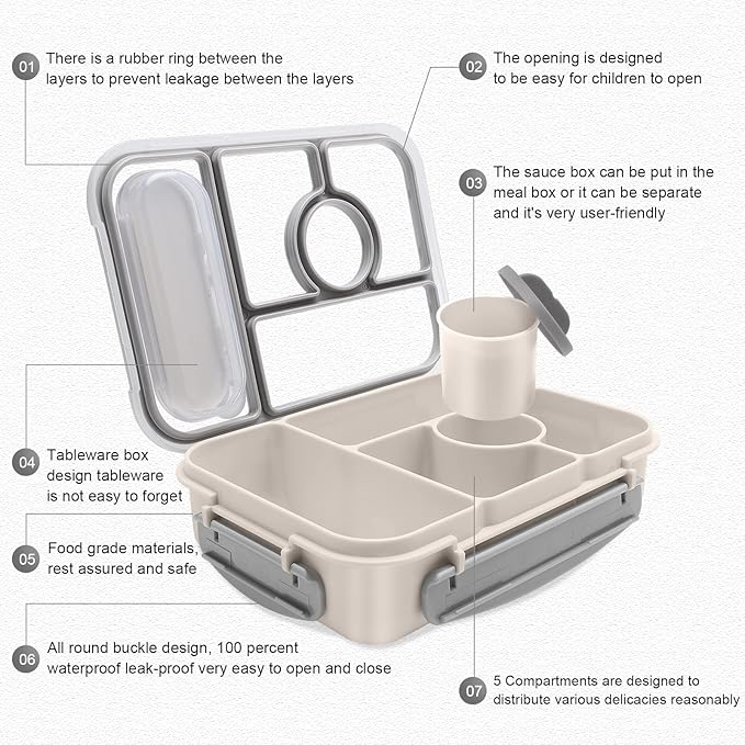 Bento Box Adult Lunch Box Kids,Lunch Containers for Adults/Kids/Toddler,5 Compartments Bento Lunch Box with Sauce Vontainers,Microwave & Dishwasher & Freezer Safe,BPA-Free(White)