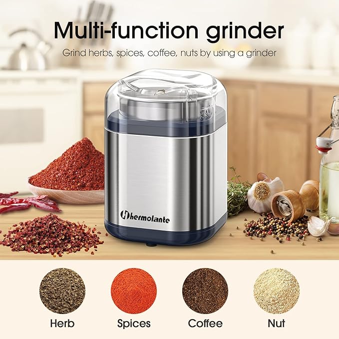 Herb Grinder Spice Grinder, 200 w Herb Grinder with Stainless Steel Blade and Cleaning Brush, Compact Size Electric Grinder for Herbs and Spices -5.11in(Stainless Steel)