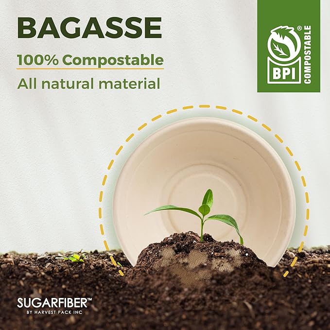 [500 COUNT] Harvest Pack PFAS FREE 48oz Round Paper Bowls - Compostable Heavy-Duty Eco-Friendly Disposable Bagasse Large Soup Bowls sugarcane made for Meal Prep Takeout Dinnerware, Microwave Safe