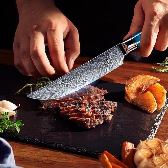 SENKEN Damascus Steak Knife Set - Tsunami Collection - 67-Layer Japanese VG10 Steel - Razor Sharp Non-Serrated Blades, Blue Resin & Natural Wood Pattern Handles, Luxury Gift Box (8 Steak Knife Set)