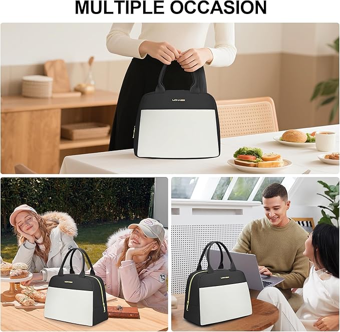LOKASS Lunch Bag for Women-Insulated Adults Lunch Box with Front Pocket- Small Cute Lunch Tote for Work-Reusable Cooler Bag for Office Picnic Beach or Travel（Black）