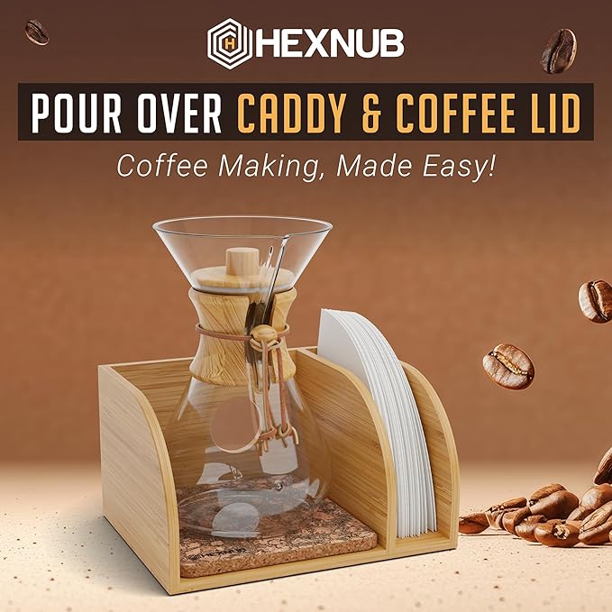 HEXNUB – Caddy and Lid for Pour Over Coffee Maker, Bamboo Stand fits Chemex, Bodum, Cosori Coffee Carafes, Heatproof Mat, Filter Holder for Drip Coffee Maker - Cork Mat