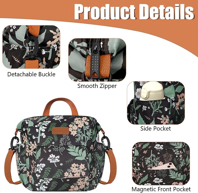 Joymee Lunch Bag Women Insulated Lunch Box Reusable Leakproof Large Spacious Cooler Tote for Women Men Adult with Bottle Holder and Side Pockets for Work Office Travel Picnic -08 Green Leaf