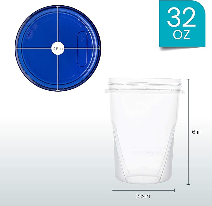 PLASTICPRO Food Storage Freezer Deli Containers Clear bottom With blue Top Twist on Lids Reusable, Stackable,[32 oz 6 Pack]