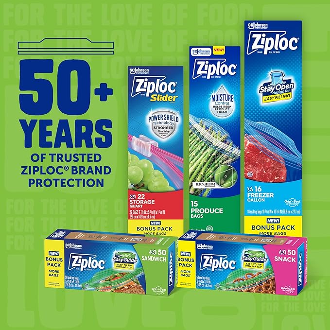 Ziploc XL Sandwich and Snack Bags with EasyGuide Texture, Plastic Storage Bags with Grip 'n Seal Technology, 90 Bags Total