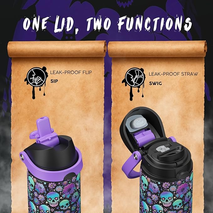 Halloween Insulated Water Bottle with Straw - Stainless Steel Water Bottle with Push Button Lid, Leak-Proof BPA-Free, Keeps Cold for 24 Hours for Halloween gifts, Party (24 oz, Floral Afterlife)