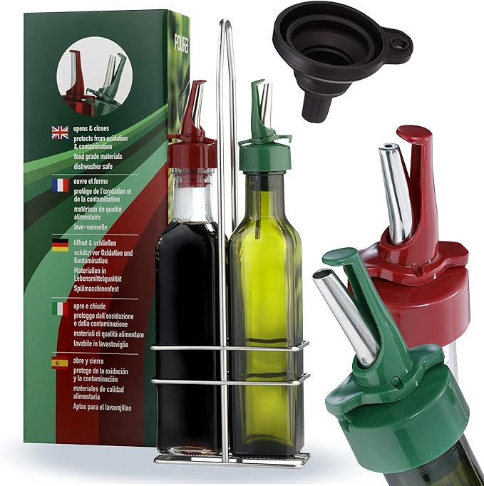 Poura Vinegar and Olive Oil Bottle Drizzler Set with ClickSeal BPA Free Pour Spouts | Glass Oil & Vinegar Dispenser Bottles for Cooking & Dining | Hygienic Covers + Silicone Decanter Funnel 250ml