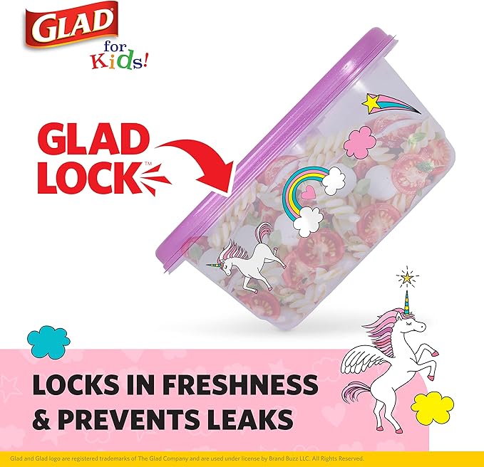 Glad for Kids GladWare Snack Containers with Unicorn Design | BPA-Free Plastic Food Storage, 24oz 4 Count with Dressing Cups | Microwave & Dishwasher Safe, Pink, Plastic
