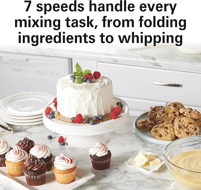 Hamilton Beach Electric Stand Mixer, 4 Quarts, Dough Hook, Flat Beater Attachments, Splash Guard 7 Speeds with Whisk, Silver