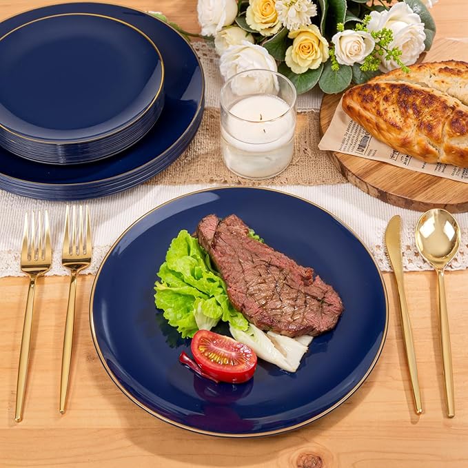 PULOTE 200 Pieces Blue Plastic Plates - Navy Blue and Gold Disposable - Include 100PCS 10 inch Dinner & 100PCS 7 inch Dessert Plate for Party & Labor Day