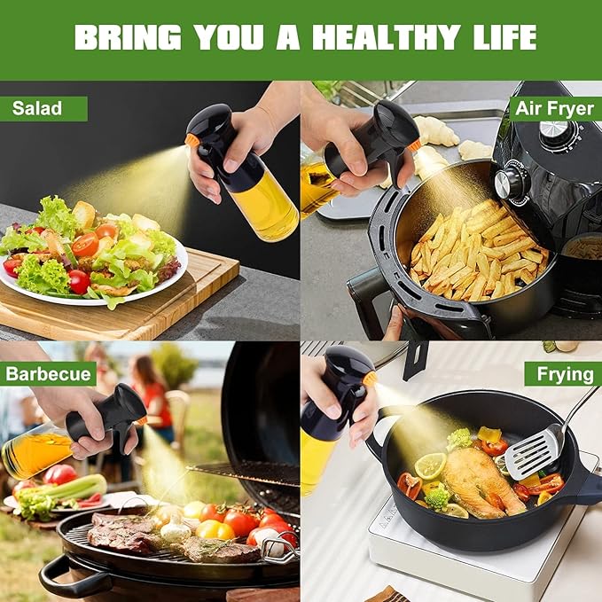 Oil Sprayer for Cooking, Upgraded Olive Sprayer Bottle, Air Fryer Accessories, Mister Vinegar Spritzer, Kitchen Gadgets for Salad, BBQ, Roasting (7oz/200ml, Black)